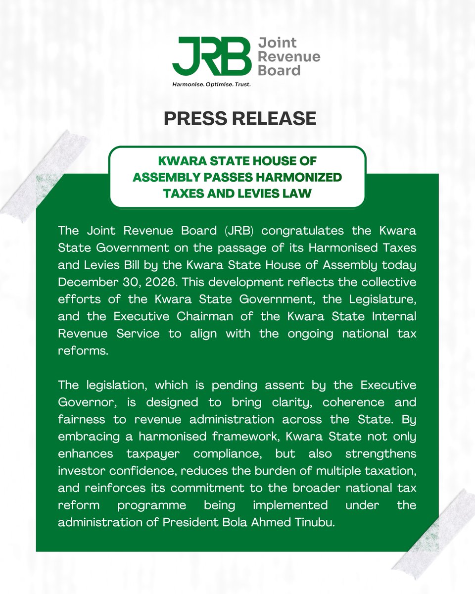 JRB lauds <a href="/followKWSG/">Kwara State Government</a>  on passage of its Harmonised Taxes and Levies Bill by the House of Assembly. This development reflects the collective efforts of Kwara State Government, Legislature, and the Executive Chairman of Kwara State IRS to align with tax reforms <a href="/YourVoiceAtIRS/">Taxpayer Advocate Service</a>