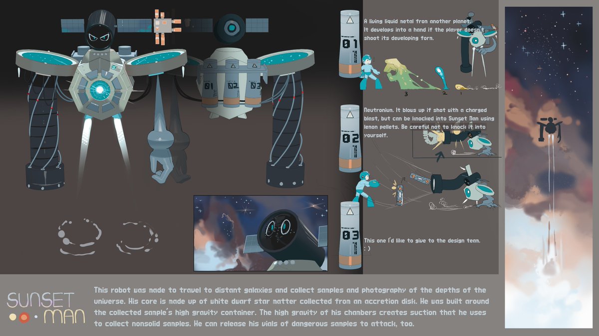 Robot Master Design - Sunset Man
A robot built for deep space exploration and sample collection. His vials contain exotic cosmic materials.

Pen name - Cat Professor 
#MegaManDO #DesignARobotMaster