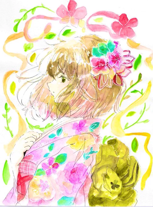 花に囲まれた、少し夢見がちな着物の女の子です。やさしい色合いが好きな方にお迎えいただけたら嬉しいです ヤフオク出品中(リンクは下へ) (*v.v) #イラスト #原画 #透明水彩