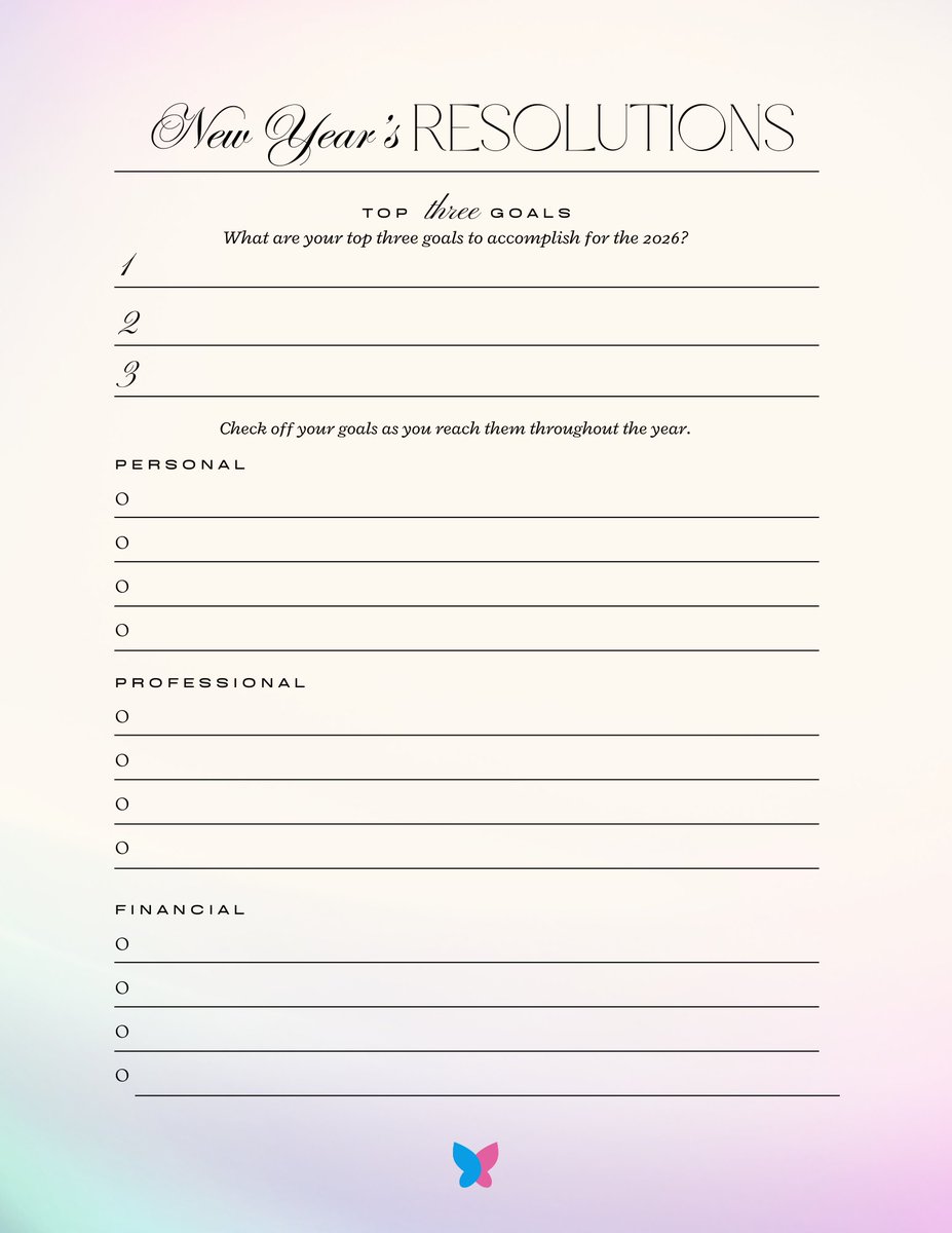 Start 2026 with intention ✨ 

What are your top 3 goals this year? 

Screenshot our free New Year's Resolutions worksheet to map out your personal, professional, and financial goals, then check them off as you achieve them. 

Here's to your best year yet! 🎯