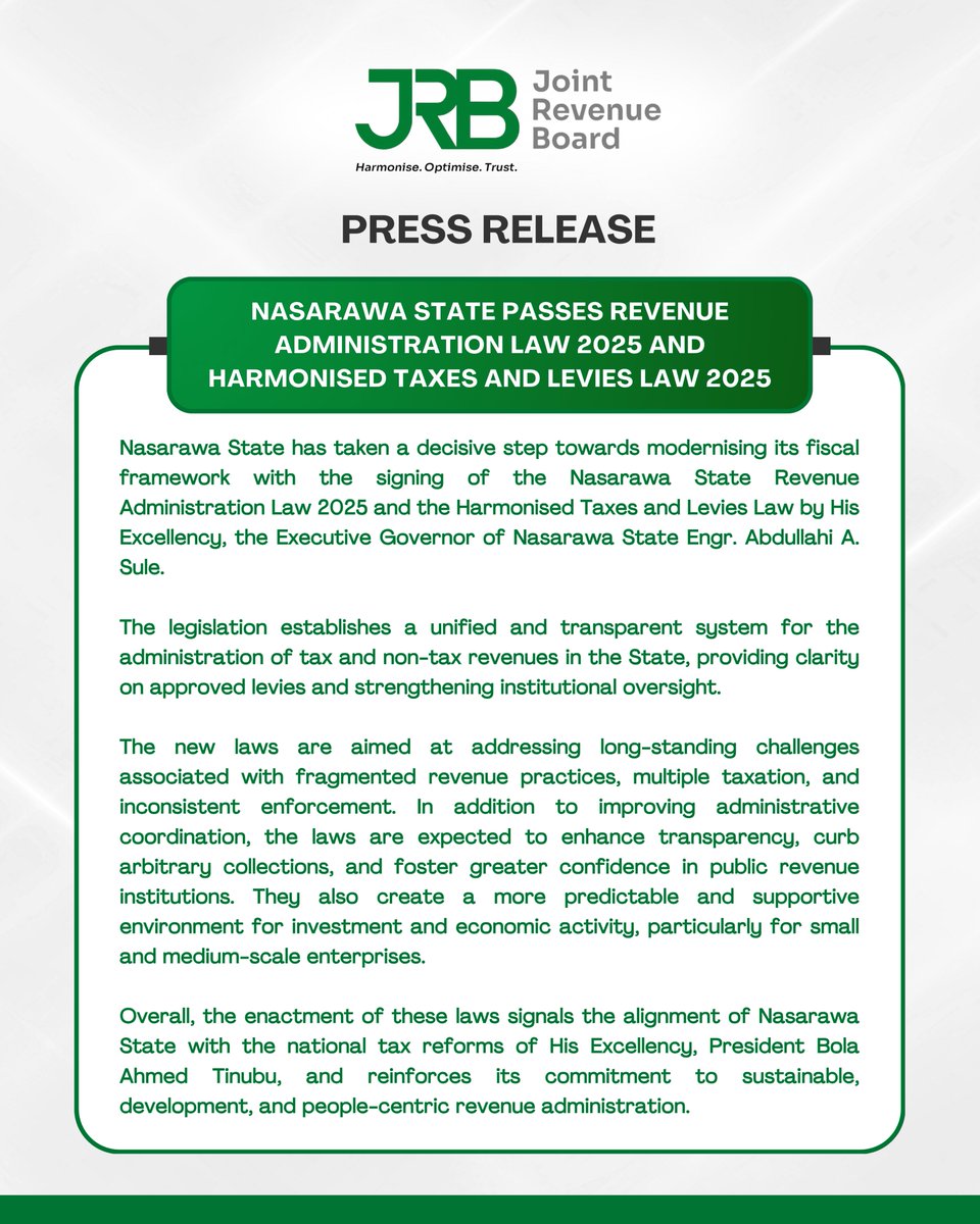 Nasarawa State has taken a decisive step towards modernising its fiscal framework with the signing of the Nasarawa State Revenue Administration Law 2025 and the Harmonised Taxes and Levies Law by the Governor, His Excellency, Engr. Abdullahi A. Sule <a href="/Nasarawa_irs/">Nasarawa State Internal Revenue Service</a>