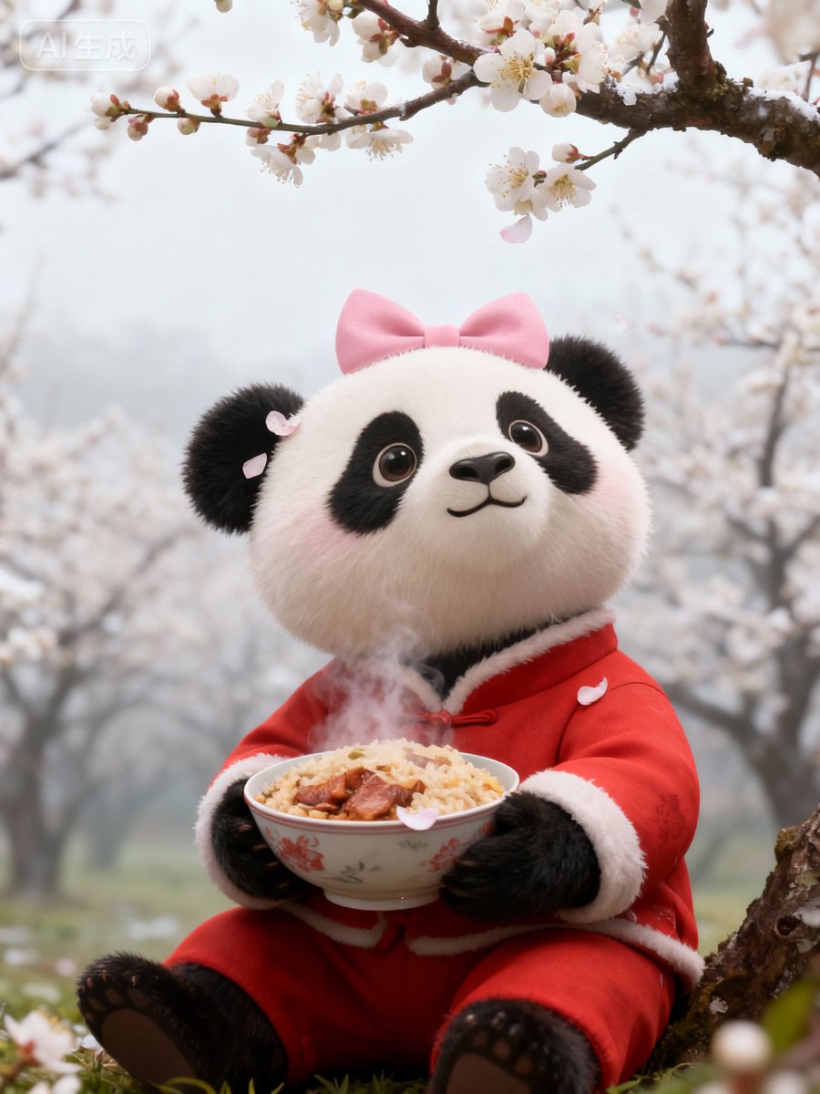 tan_hua18069's tweet photo. The chill of Xiaohan arrives with the fragrance of wintersweet. ❄️🍚🌸#Xiaohan #panda #AIGC https://t.co/guzQrqbShQ