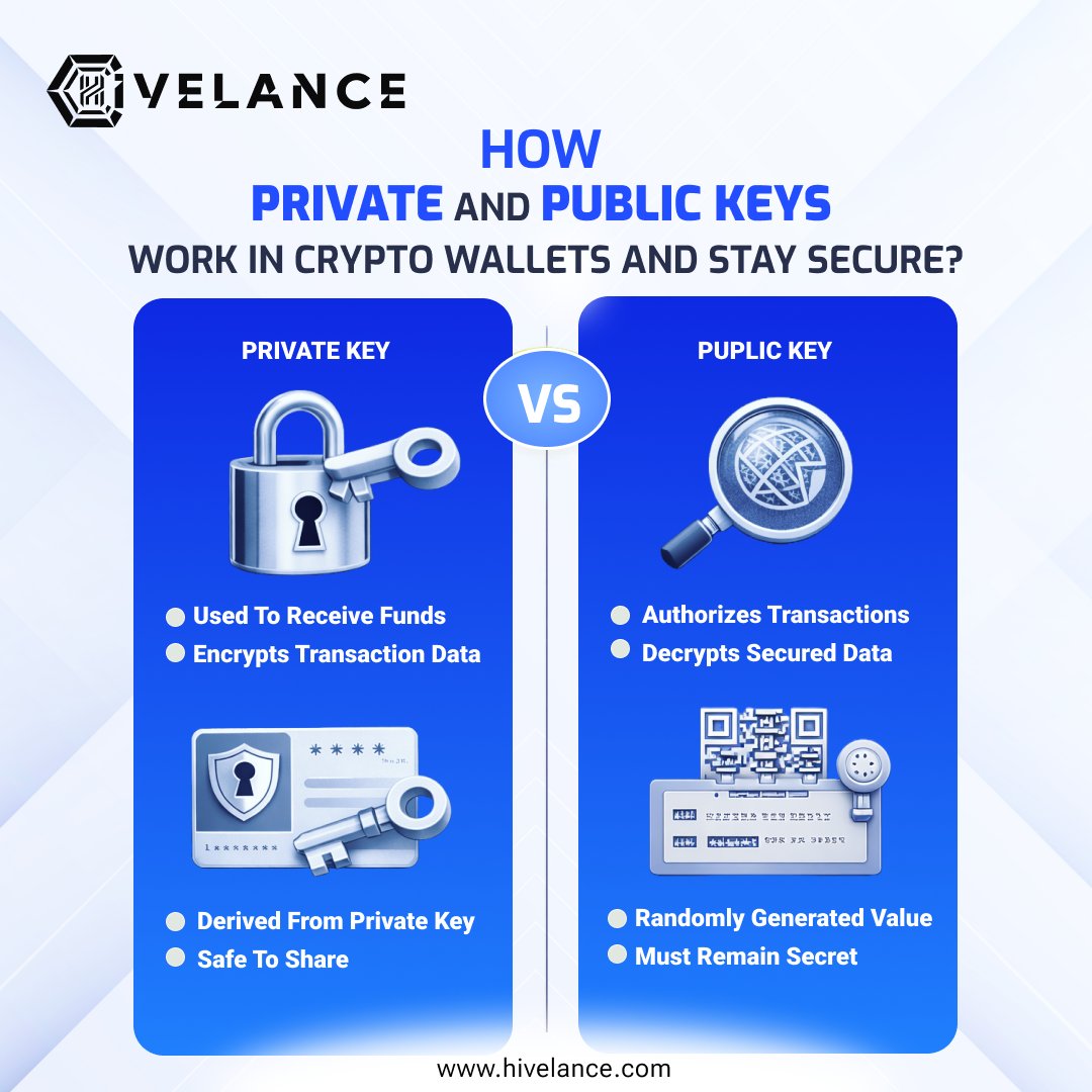 hivelance_tech's tweet photo. Crypto wallets don't "hold" coins—they hold your KEYS to the blockchain!
#PrivateKey: Secret code to spend 💳
#PublicKey: Shareable address for deposits 📍
Both use asymmetric #crypto for bulletproof security.
Visit : https://t.co/4MeJYY9UU4
#Web3 #BlockchainSecurity https://t.co/Bsp99PfYHj