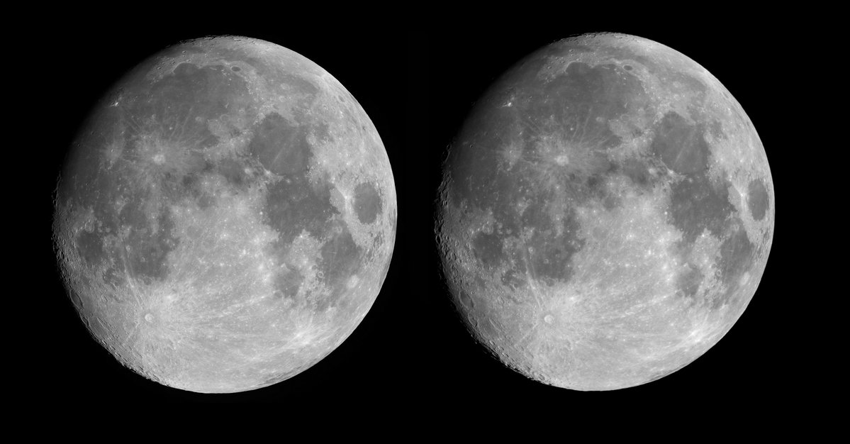 k_otukimi's tweet image. お月様３Dありがとうございますぅ😆
僭越ながらもうちょい揃えてみましたよ。
右画像を左2.4°回転して明るさも見やすく調整ね。

あたしも今年こそは何とか３D撮ってみたいなぁ。