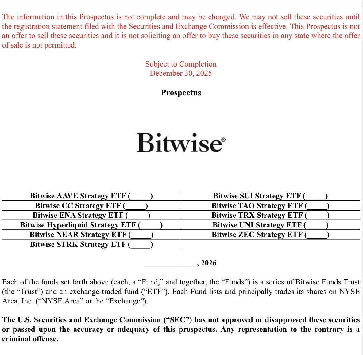 BitwiseInvest files for 11 Altcoin ETFs, including $AAVE, $CC, $ENA, $HYPE,  $NEAR, $STRK, $SUI, $TAO, $TRX, $UNI and $ZEC. #Bitwise #Altcoins #Crypto # ETF #DigitalAssets #SEC
