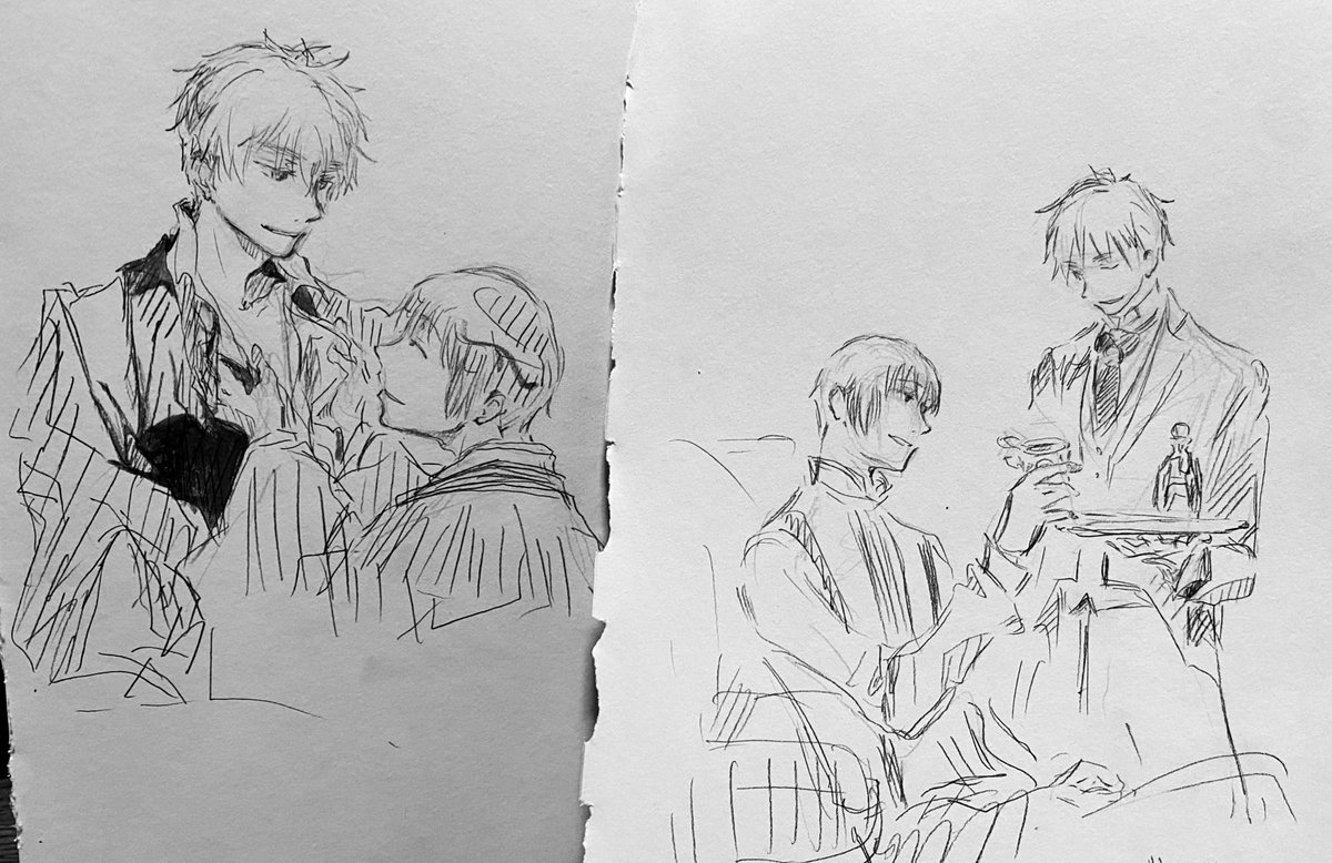 アナログ落書きが発掘
爺眉

本格メイ卜"喫茶(メイ卜"は裏方で執事眉毛が大張り切り)に喜びまくっていた時に描いたと思われる落書き
お返しのお着替えお手伝い爺を添えて