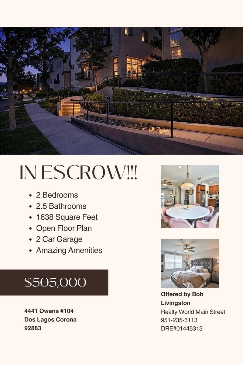 TopRealtorBob's tweet image. Sold-15 day all cash escrow! 4441 Owens unit 104, Dos Lagos Corona, Ca! Perseverance is the key to success my friends! 2026 is shaping up to be amazing! Need help selling your home or purchasing your next; I am at your service! Bob Livingston Realty World Main Street-9512355113