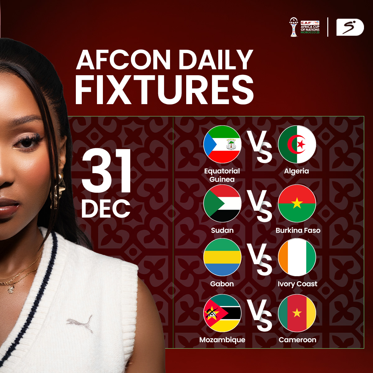 DStv's tweet image. The LAST match for the year!!! 😮‍💨
🇬🇶 EQG v 🇩🇿 ALG 18:00 CAT  
🇸🇩 SDN v 🇧🇫 BFA 18:00 CAT 
🇬🇦 GAB v 🇨🇮 CIV 21:00 CAT 
🇲🇿 MOZ v 🇨🇲 CMR 21:00 CAT

Live on SS AFCON &amp;amp; S Football | #TotalEnergiesAFCON2025