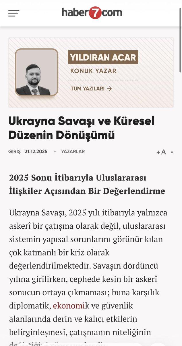 Ukrayna Savaşı’nın Küresel Düzenin Dönüşümüne etkilerini Haber7 için değerlendirdim; 

Ukrayna Savaşı, klasik anlamda bölgesel bir savaş olmaktan çıkmış; küresel güç dağılımı, ittifak ilişkileri ve uluslararası düzenin işleyişi üzerinde doğrudan etkiler üreten bir referans