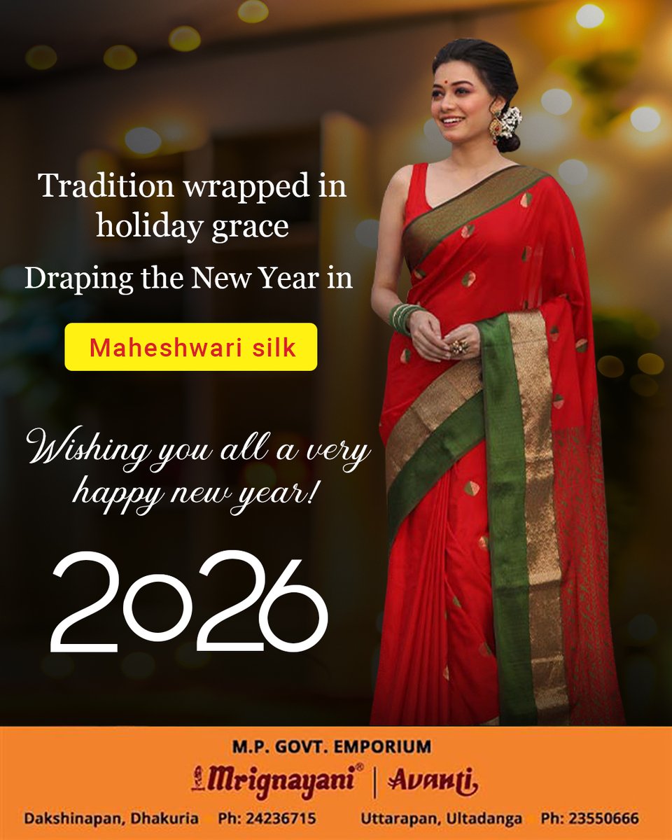 mrignayanistore's tweet photo. Tradition meets a new beginning. Step into 2026 wrapped in the grace of Maheshwari silk. Wishing you a beautiful New Year.

For more information, click on the following link: https://t.co/iPdJQXfqr2

#MaheshwariSilk #SilkSaree #IndianHandloom #HandwovenElegance https://t.co/nvIFLpwszu