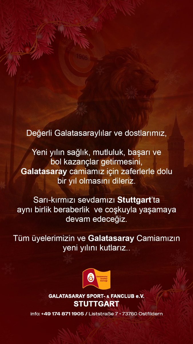 Herkesin yeni Yılını Kutlarız..💛❤️

<a href="/GalatasaraySK/">Galatasaray SK</a> 
<a href="/TayfunBozkus/">Tayfun BOZKUŞ</a>