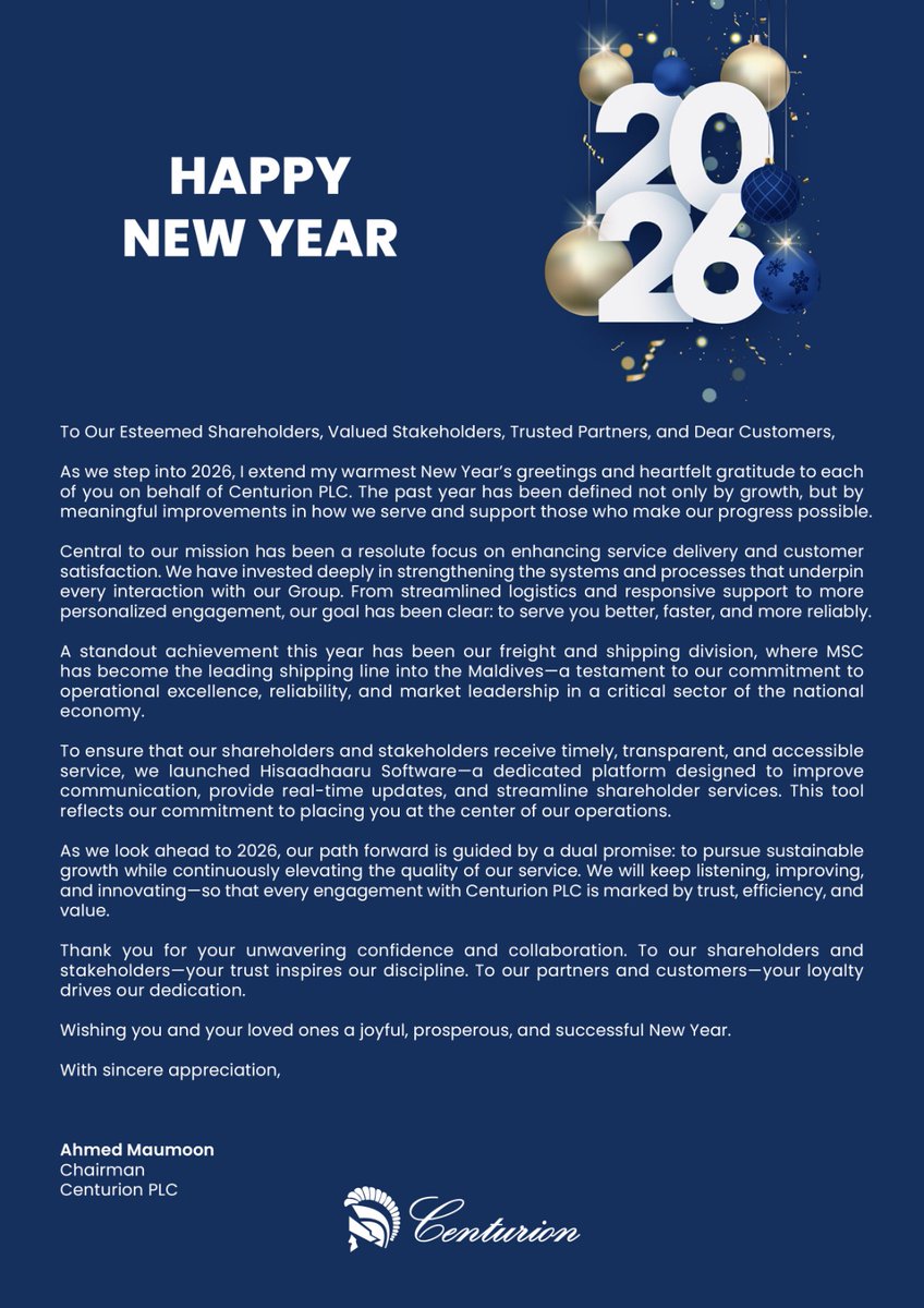 Happy New Year from Centurion PLC! Wishing you a joyful and prosperous 2026. Thank you for being part of our journey.