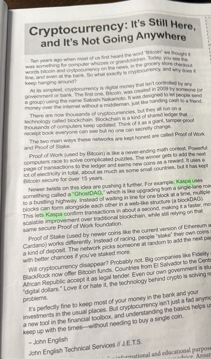 This #crypto article was printed in a local, small town magazine. I have a family member who lives in this town and sent me a photo of the article. It's pretty cool that $kaspa has it's own dedicated paragraph. It seems #kaspa 's reach is potentially much further and deeper than