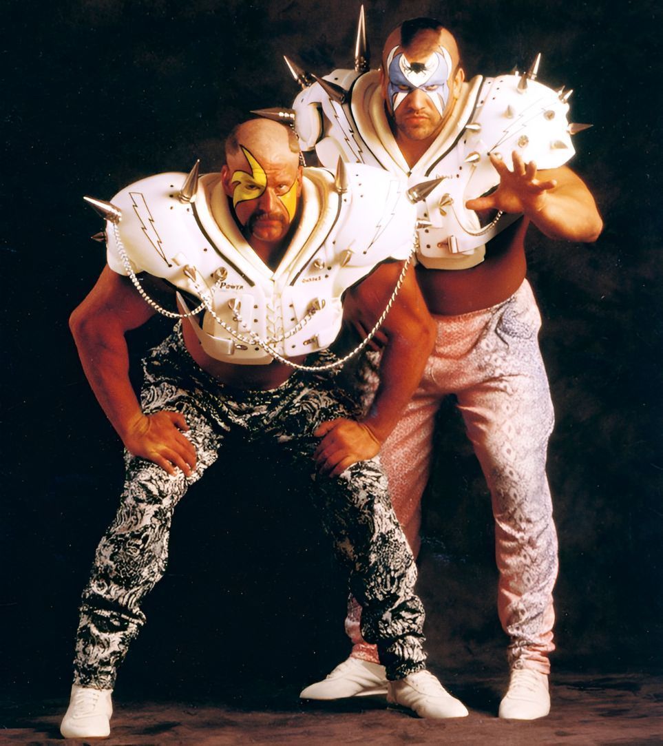 WWFWrestling1's tweet photo. The Road Warriors rockin' those stylish Zubaz. Hey, it was the style at the time! #WWF #WWE #WCW #Zubaz #DanMarino #RoadWarriors https://t.co/Af5AQbLCqJ