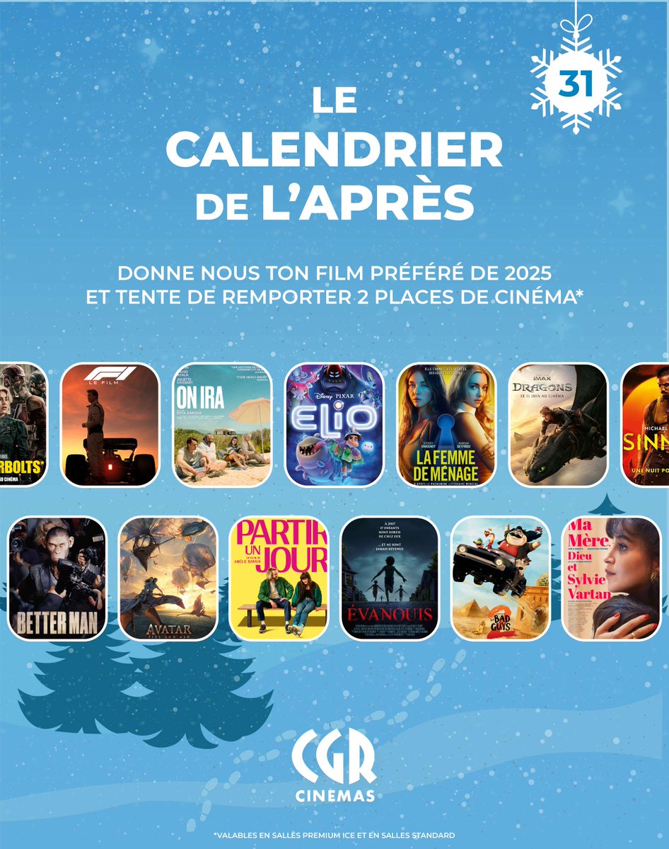 CGRCinemas's tweet image. Pour finir ce calendrier de l’après, donne-nous ton film préféré de 2025 et, qui sait, tu pourras peut-être gagner 2 places de ciné 🎥
Pour participer:
🎫 Suivre notre compte @CGRCinemas
🎫 RT
🎫 Commente ton film
Tirage au sort le 5 janvier !  Bonne chance à tous·tes 🍀