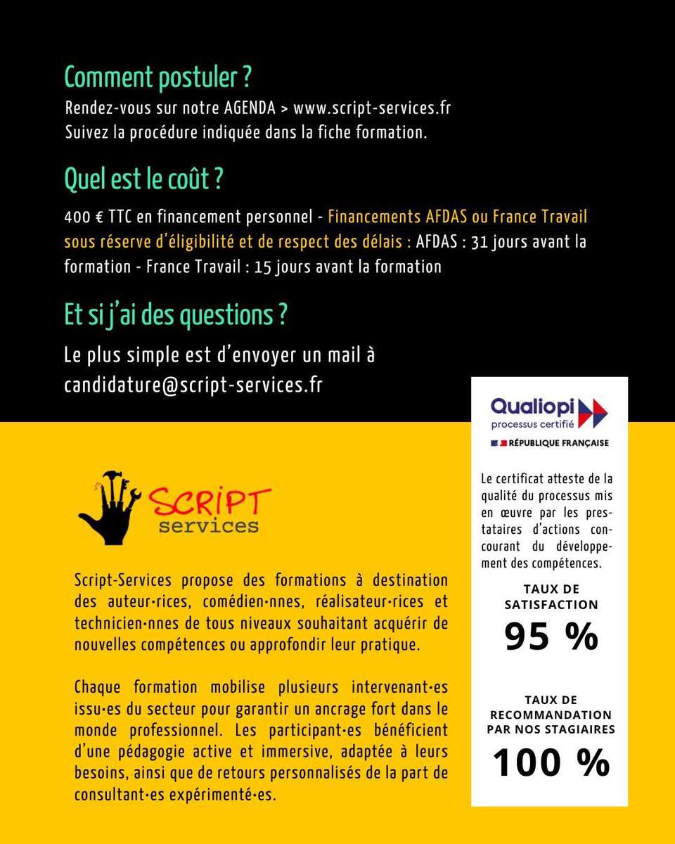 Script-Services vous propose une formation 100% en ligne pour booster votre bible : clarifier, structurer, renforcer ce qui compte vraiment.

👉 Inscriptions ouvertes à candidature@script-services.fr

#bibleserie #scenario #ecriture