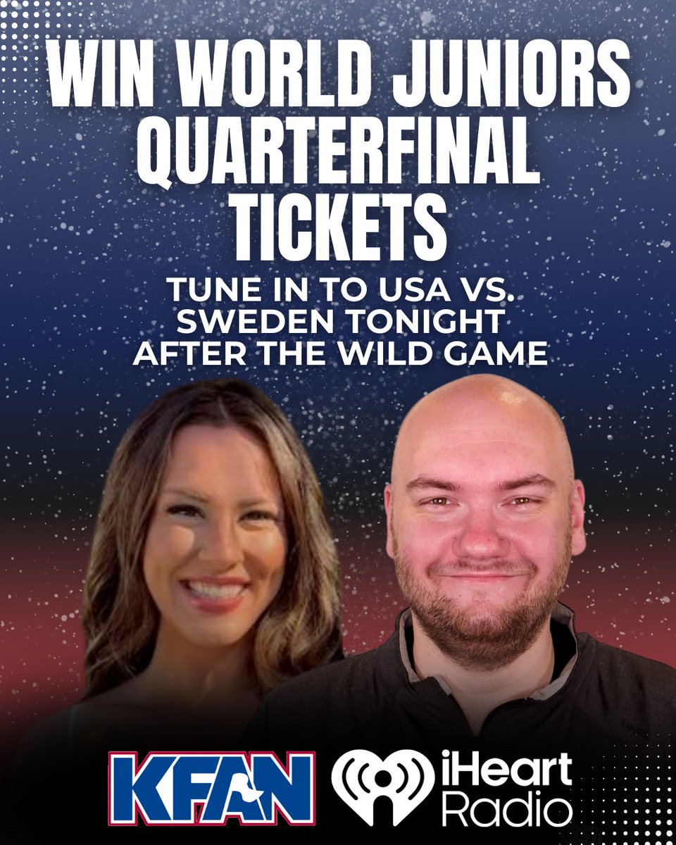 🎟️Team USA tickets?? We've got them!

TUNE IN TONIGHT to <a href="/ZachHalverson/">Zach Halverson</a> &amp; <a href="/alexismirjana/">Alexis Huss</a> on the call following the Wild Game for your shot at Group A Quarterfinal tickets, including to see Team USA on Friday!

🎧: KFAN.com/Listen