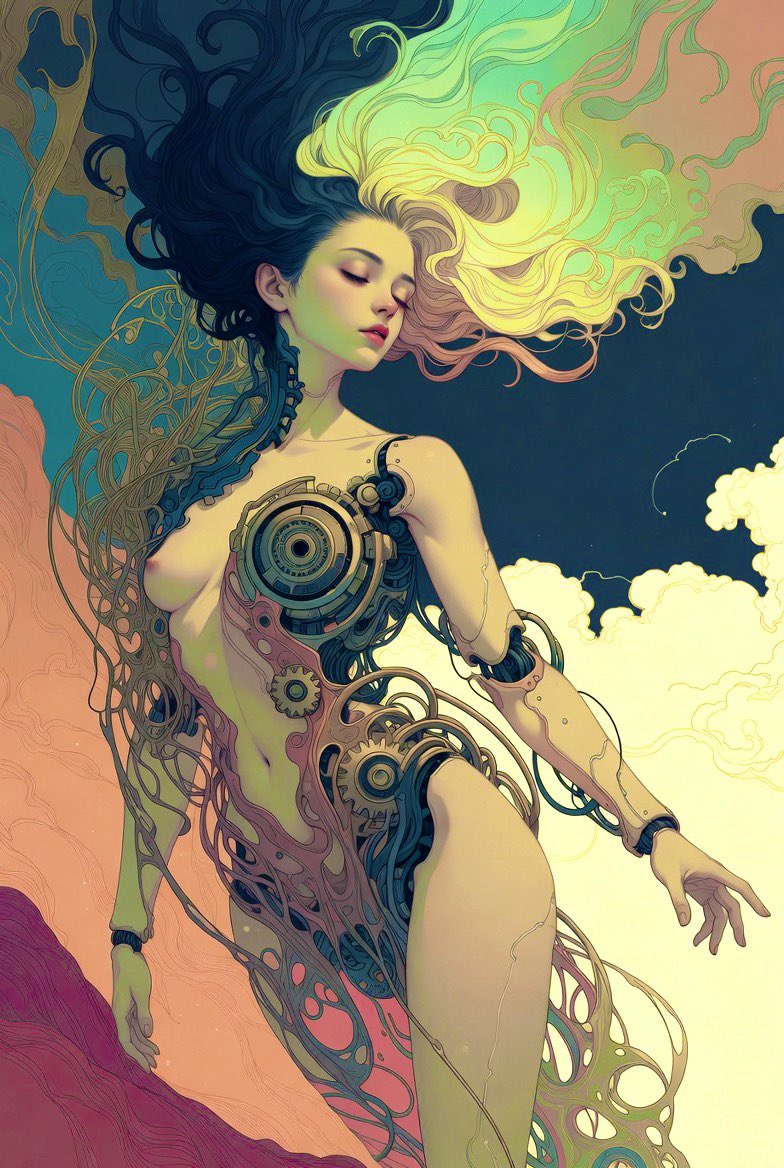 phokuinc's tweet image. Floating between worlds part machine, part dream, entirely her own becoming.
#Surrealism #Dreamscape #DigitalArt