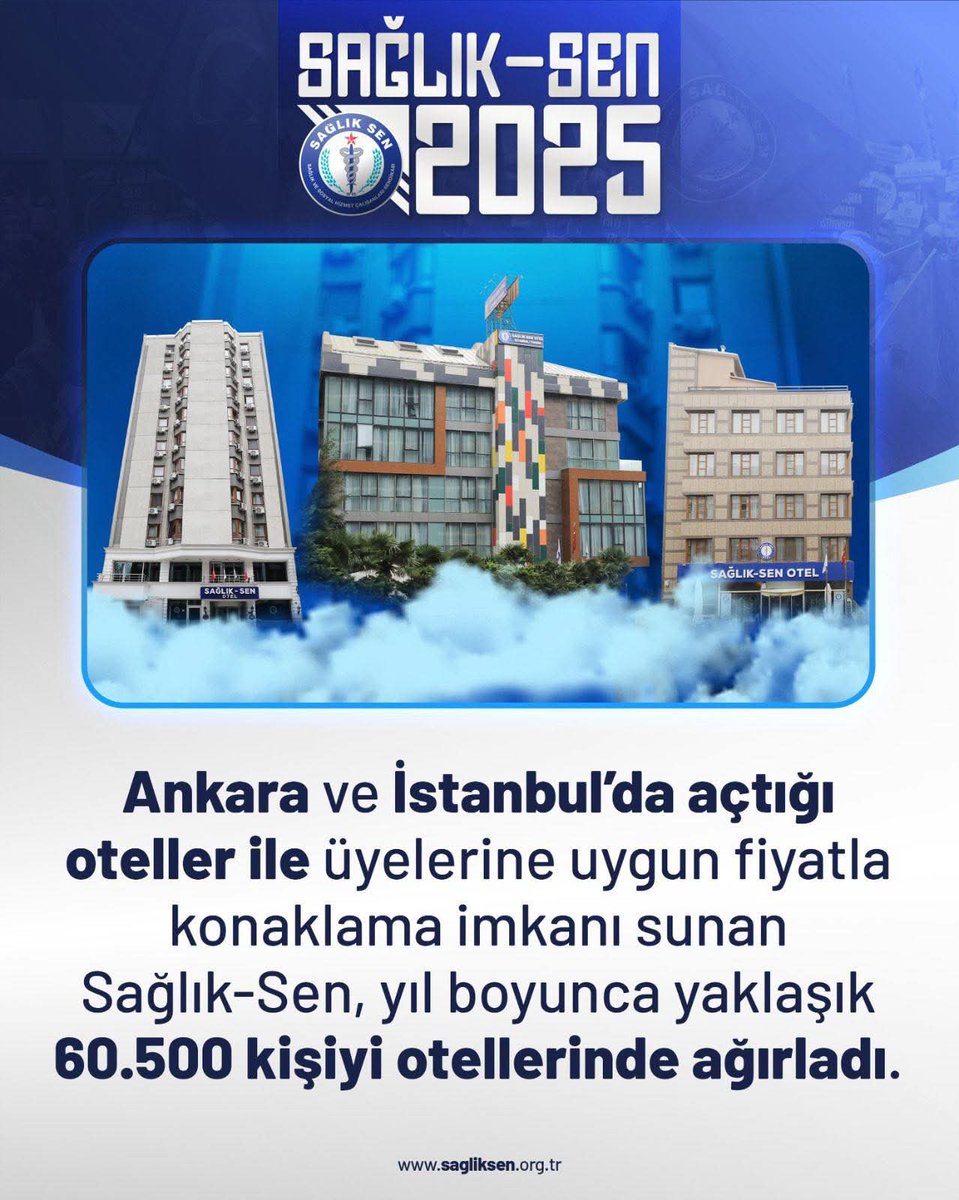 Ankara ve İstanbul’da açtığı oteller ile üyelerine uygun fiyatla konaklama imkanı sunan Sağlık-Sen, yıl boyunca yaklaşık 60.500 kişiyi otellerinde ağırladı. 
#SağlıkSen2025
#YeniYıl2026
#SağlıkSenDaimaYanınızda