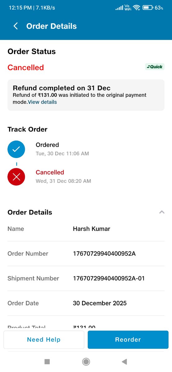 Neo_harsh07's tweet photo. @JioMart_Support You promised order will be delivered by the end of the day 😮‍💨.
After the end of the day the order gets cancelled. https://t.co/yL4yeW5mXP