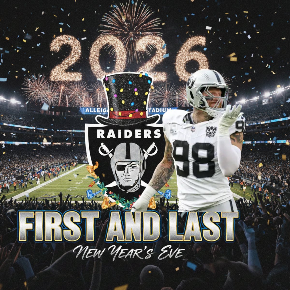 RebelUnleashed's tweet photo. FIRST AND LAST. 🏴‍☠️🔥
New Year. Same energy.
Raiders Unleashed is the place to be.

👉 https://t.co/PvnCt7cFEE

#RaiderNation #Raiders #NFL #RaiderPride #NewYearsEve https://t.co/aqqQAX1j4U