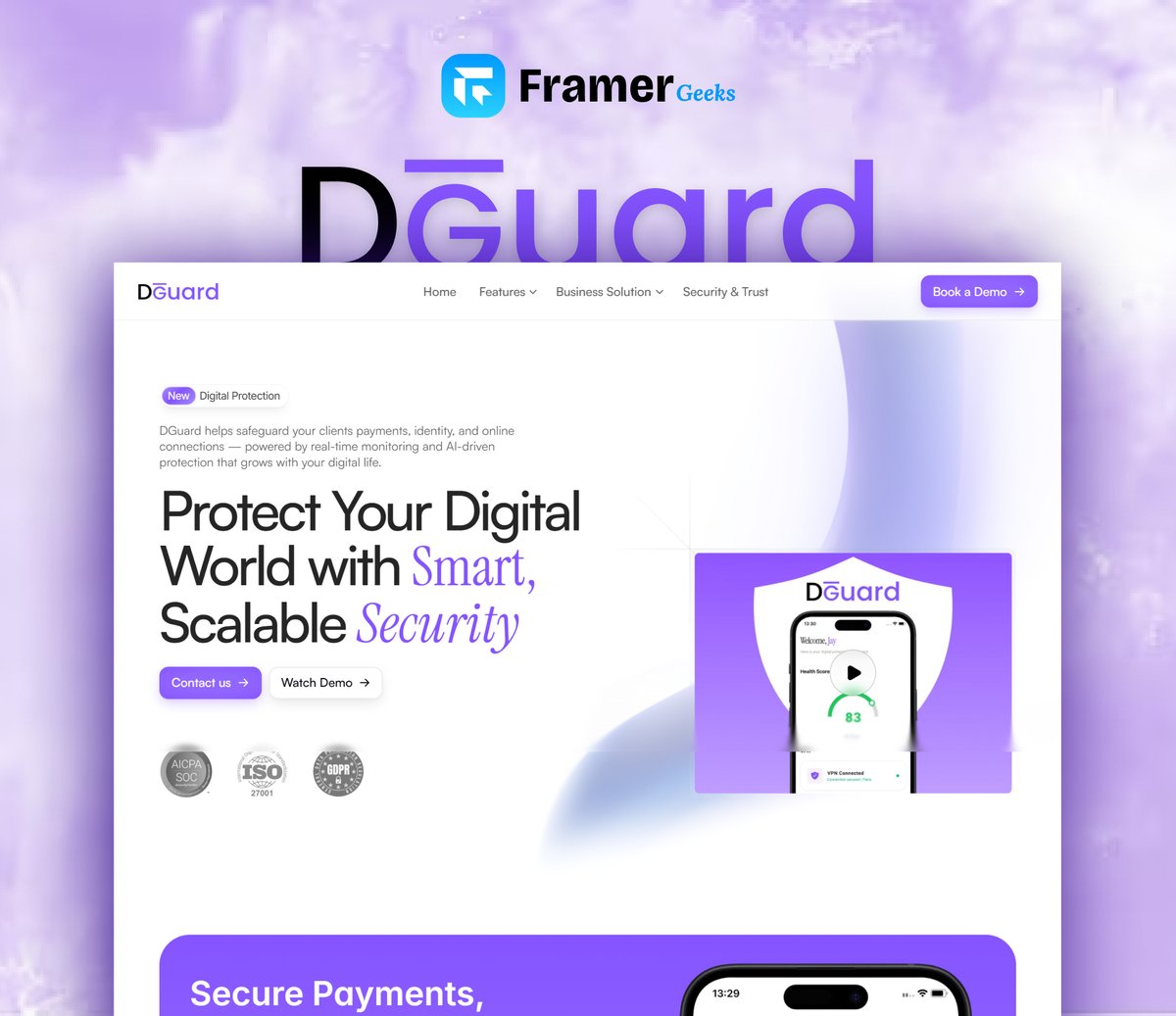 Client project- DGuard ✨

Securing your digital world with AI-driven protection.
Smart, scalable security for payments, identity, and online connections.

🔗 Live website: dguard.ai

Stay tuned for more innovative <a href="/framer/">Framer</a> projects! 🚀

#Framer #WebDesign