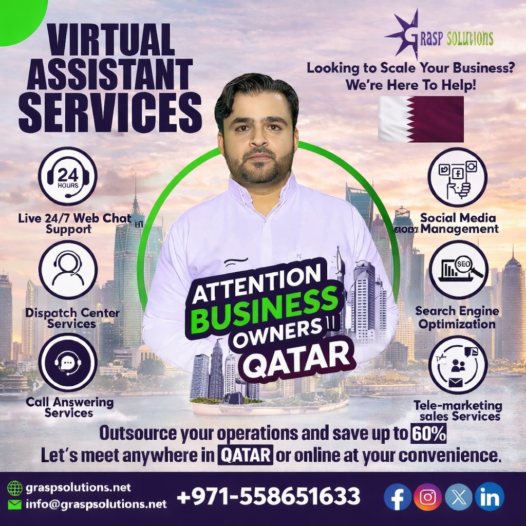 𝗛𝗲𝗹𝗽𝗶𝗻𝗴 𝗯𝘂𝘀𝗶𝗻𝗲𝘀𝘀𝗲𝘀 in Qatar scale smarter with reliable virtual assistant, dispatch, and digital support services. 

#DohaBusiness #QatarBusiness #QatarEntrepreneurs #DohaEntrepreneurs #BusinessGrowthQatar #OutsourcingQatar #VirtualAssistantQatar #DigitalServices