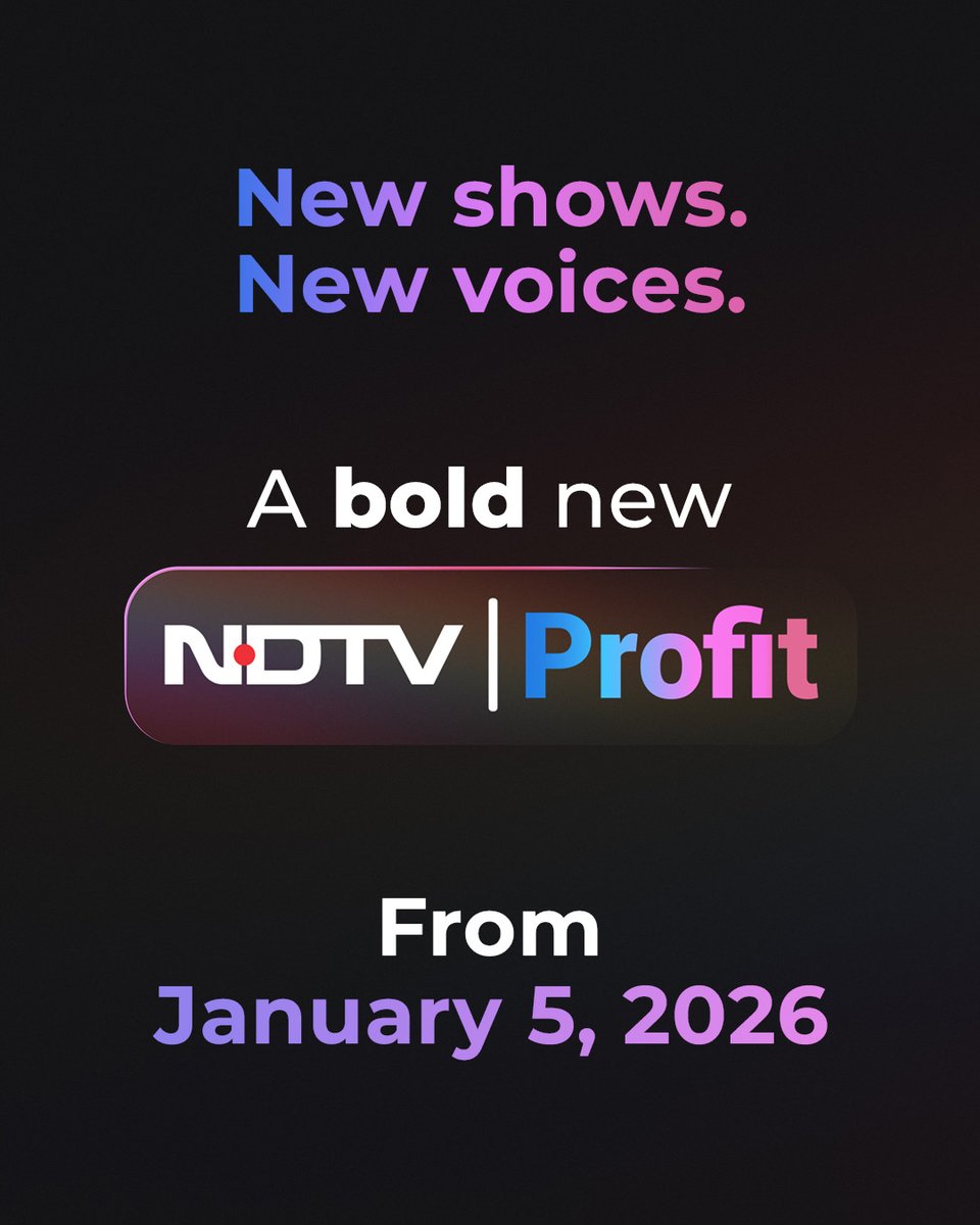 NDTVProfitAlpha's tweet photo. Your markets. Your money. 

A whole new voice.

Say hello to the bold new NDTV Profit, from January 5, 2026. #ForYourProfit https://t.co/2r7Ix00NMn