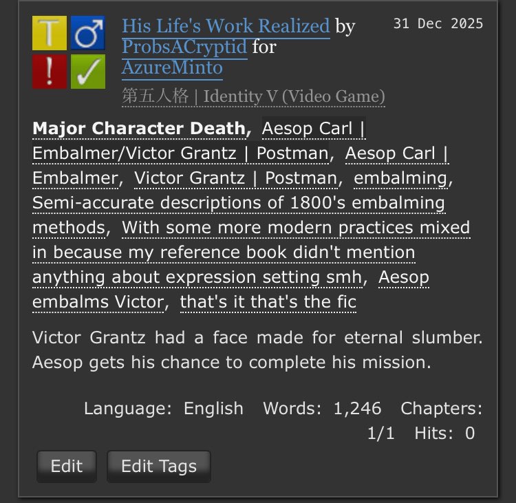 ProbsACryptid's tweet photo. Happy holidays and merry (belated) Christmas, @azureminto !

I wrote you Aesop embalming Victor. I hope you enjoy!

@idv2025SS https://t.co/HlMYAShjen