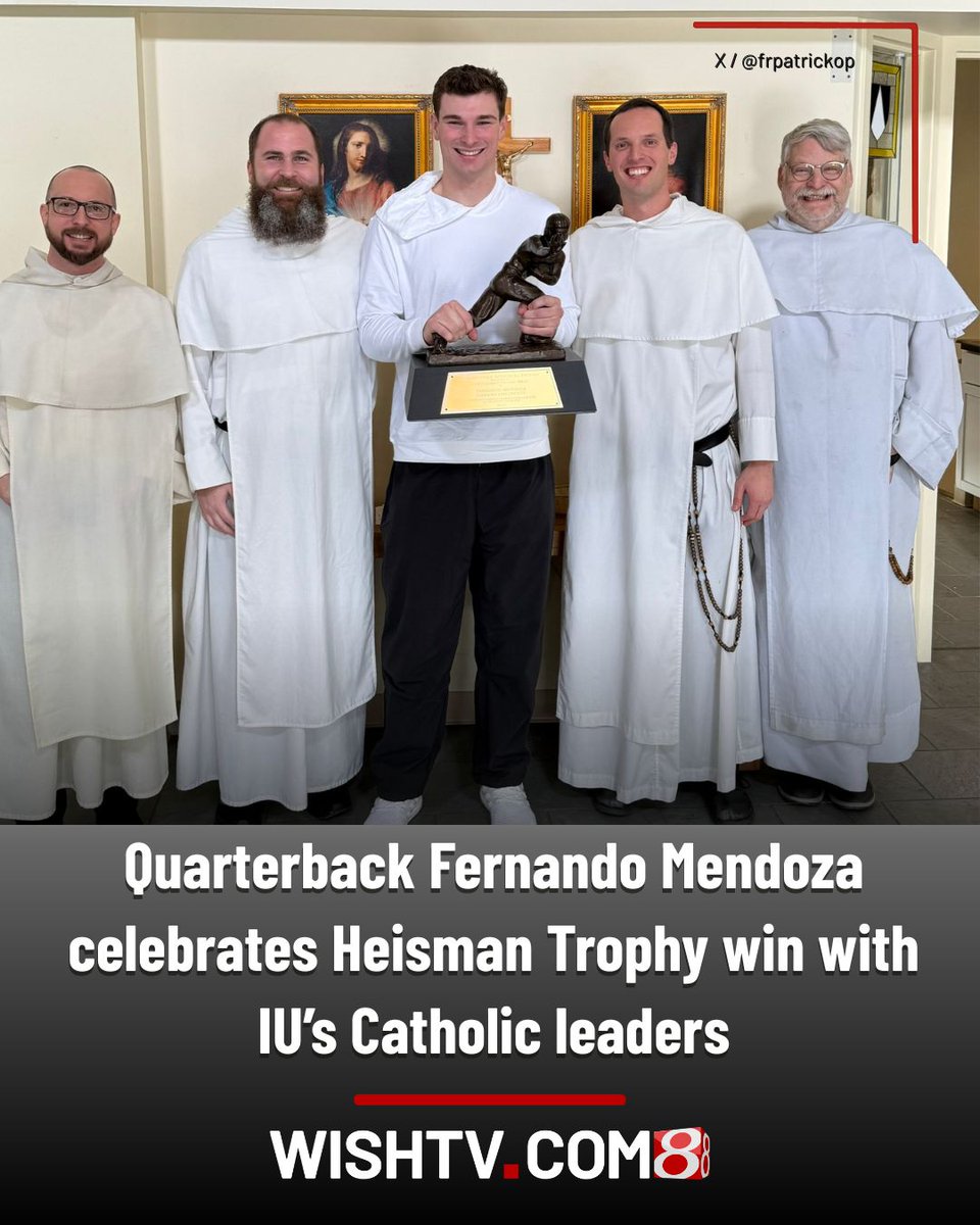 WISHNews8's tweet image. "He came over and we walked out, and there, in an Amazon box, there was the Heisman Trophy."

@IndianaFootball QB Fernando Mendoza took time to celebrate his Heisman Trophy victory with a group of people important to his Catholic faith. 🔗 tinyurl.com/bde5zamc