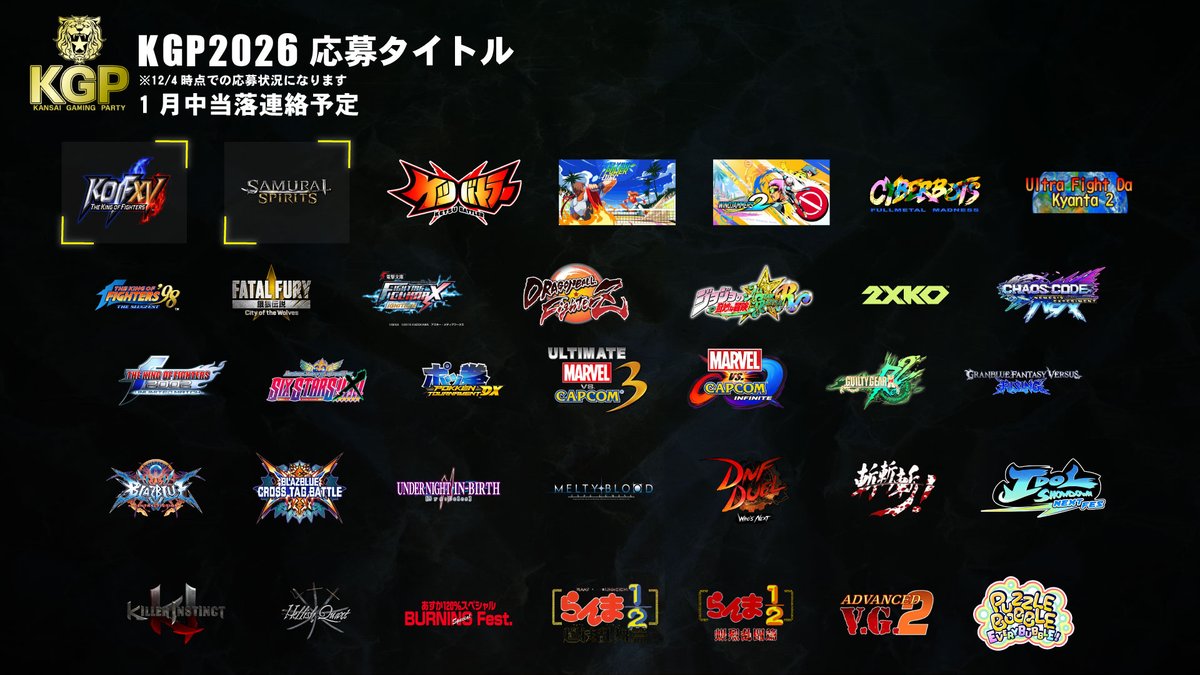 info_kgp's tweet image. 【KGP2026応募状況発表】

12/31 16:00段階での応募状況になります。
当選の発表ではありません。
1月4日応募締切、1月中の当落発表を予定しております。

決定済みを含めて現在35タイトル応募されております。

#KGP2026