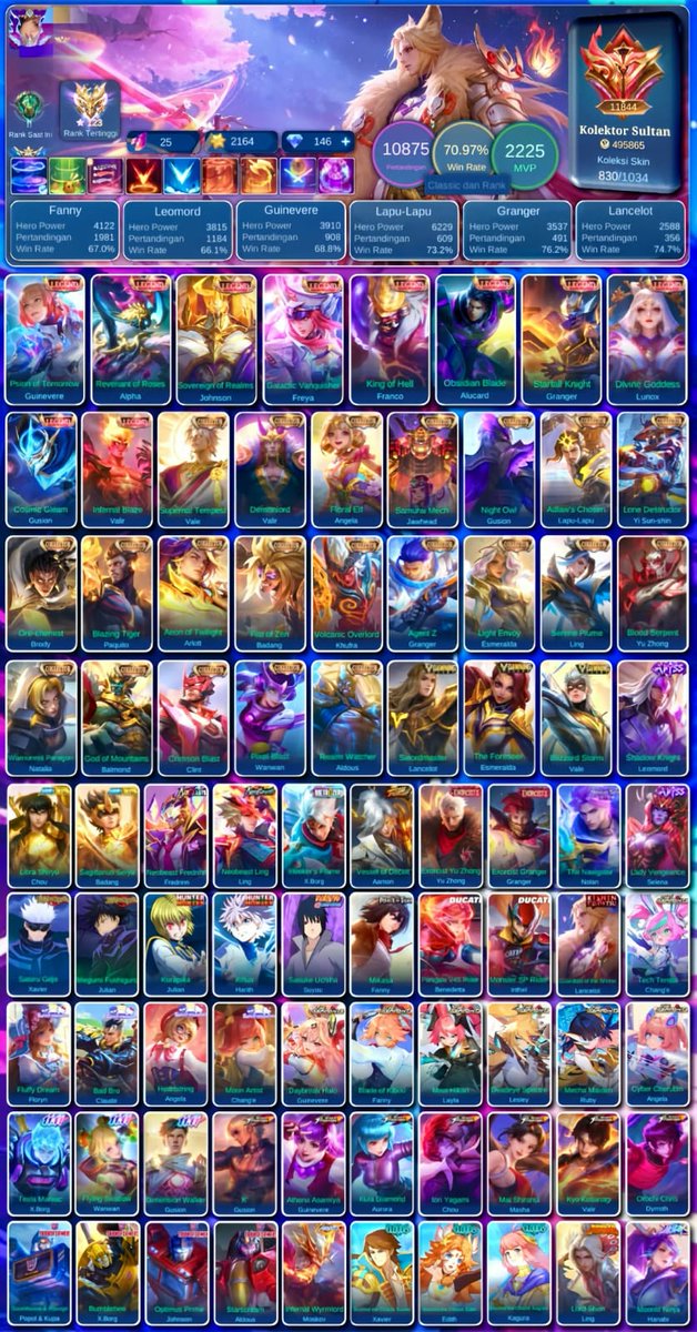 Ryuiinite's tweet image. WTS WTB AKUN ML
KOLEKTOR JAGAT -600 POINT

FULL JUNGLER
LING CC
YSS CC
LANCE DAWNING
FREDRIN NEO BEAST
LING NEOBEAST
ALUCARD LEGEND
SASUKE
FANNY AOT
FANNY ASPIRANT
AAMON SOUL
JULIAN JJK
JULIAN HXH
NOLAN 11 11
LANCE KISHIN

REFFPLAYER ALLKOS ✅
#zonauang
