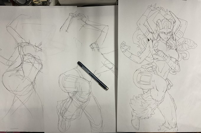 使ったアタリ(頭部は一発描き)あとデカい、A3(h 