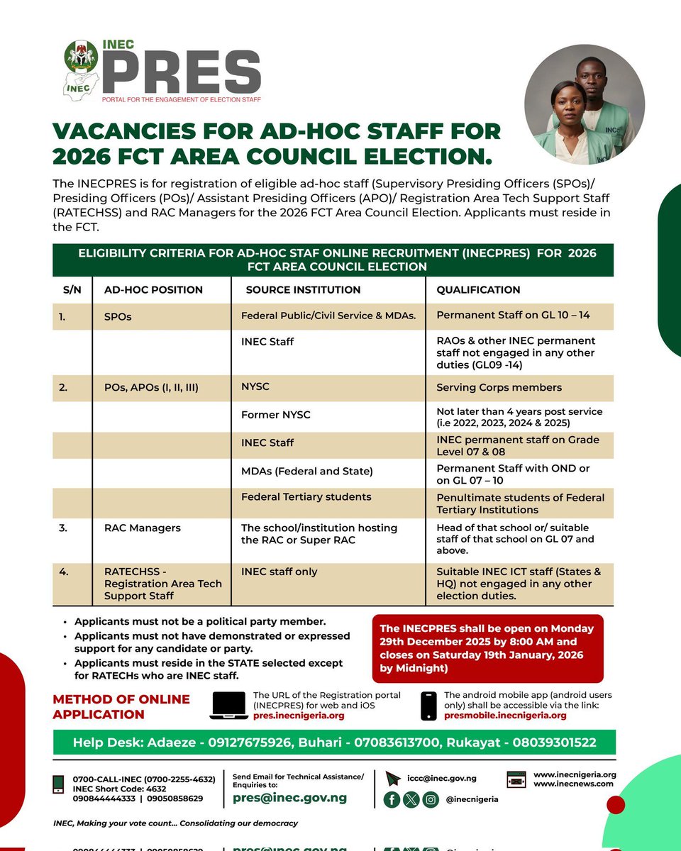 INEC Ad-Hoc Jobs INEC invites eligible Nigerians resident in the FCT to  apply as ad-hoc staff for the 2026 FCT Area Council Election. Available  Roles: - Supervisory Presiding Officers (SPOs) - Presiding