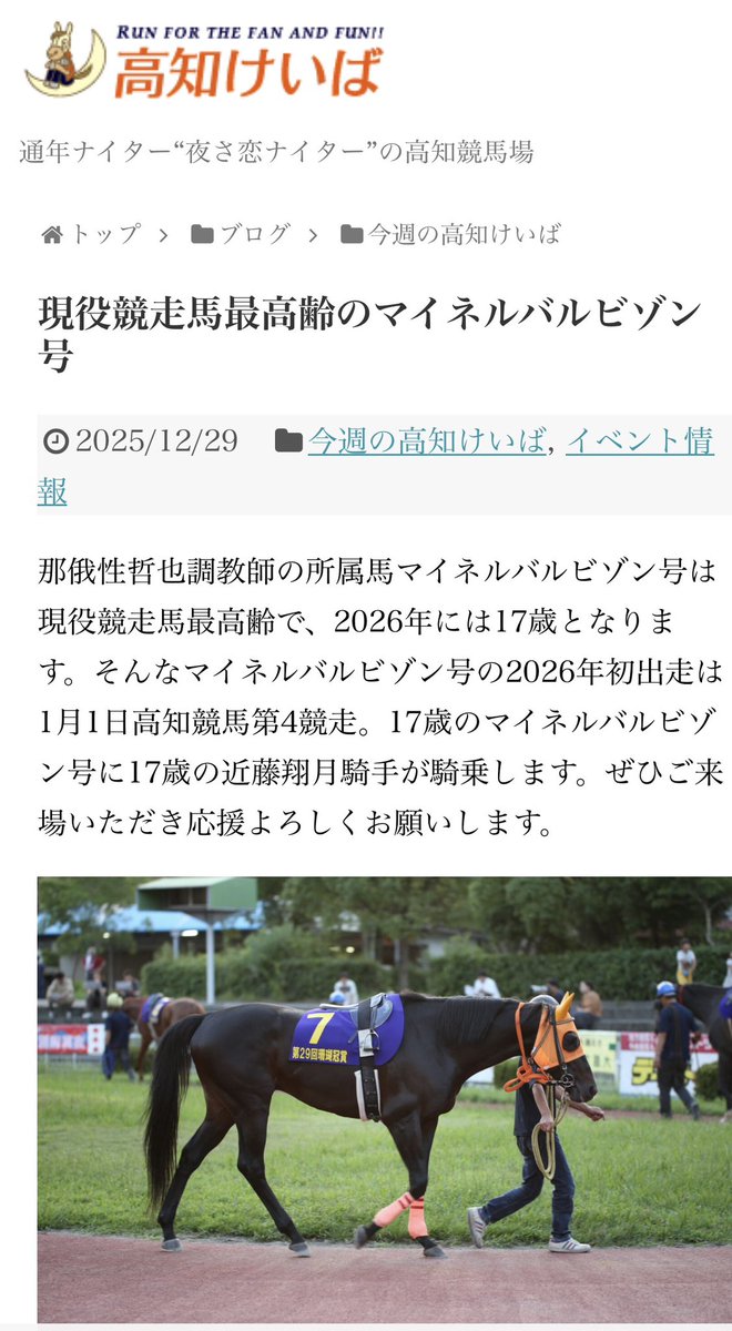 nar_keiba's tweet photo. 〜高知けいばからのお知らせ〜
人馬ともに17歳のコンビが令和8年の元日に出走します‼️

出馬表はこちら⬇️
https://t.co/wbFrM5JUMr

マイネルバルビゾン馬情報⬇️
https://t.co/51P8ALXTgy https://t.co/U5rYwY6U4Y