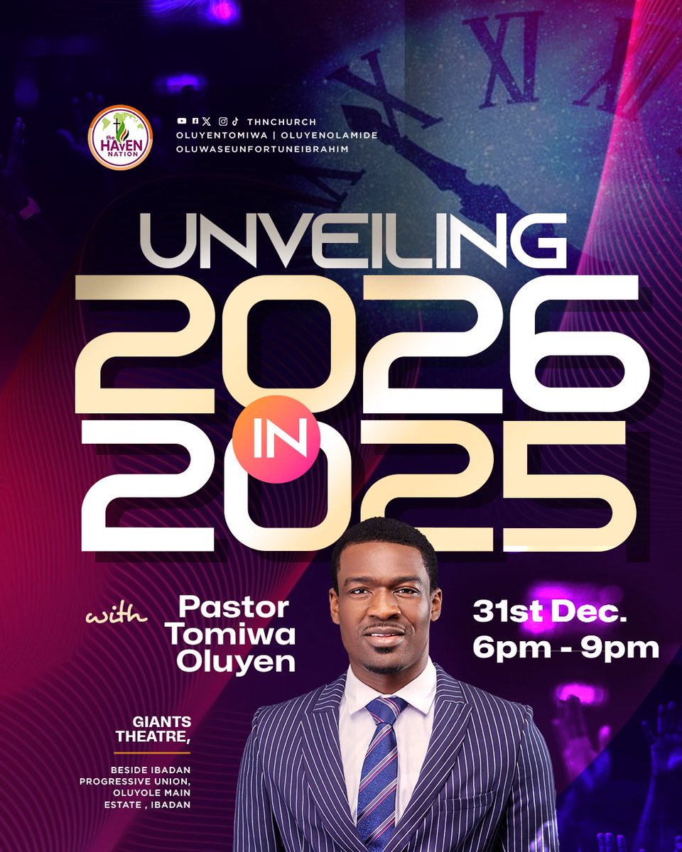 OluyenTomiwa's tweet photo. #THNcrossoverservice #THNonlineservice #December31st #NewYear #2026
UNVEILING 2026 IN 2025
THN Crossover Service Into 2026
6pm - 9pm GMT
31st December 2025
Venue-: Giants Theatre
Beside Ibadan Progressive Union,
Oluyole Main Estate, Ibadan
https://t.co/U8vqUI5Omd https://t.co/2Kk7SdK7s9