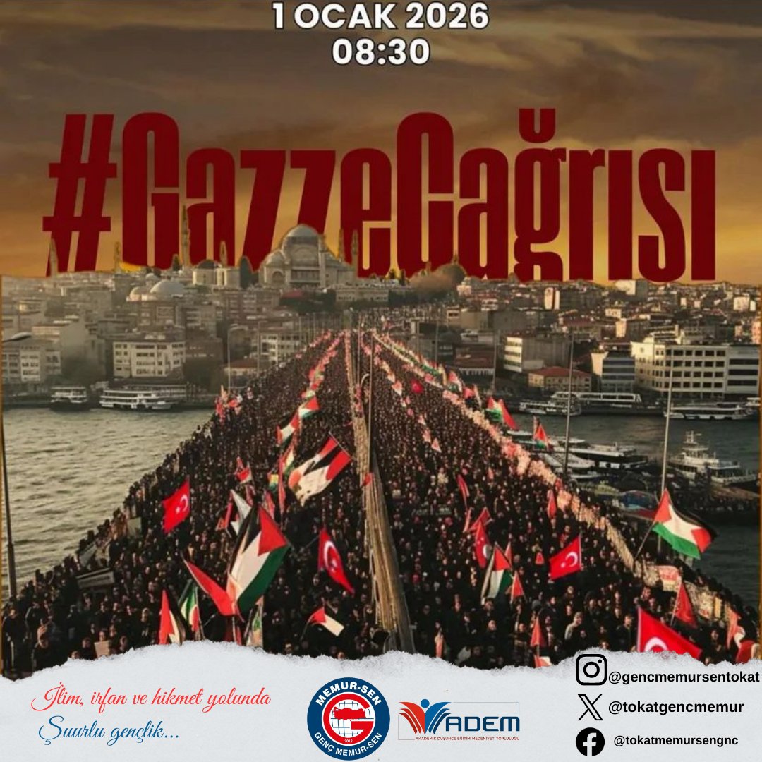 Sinmiyoruz. Susmuyoruz. Filistin’i unutmuyoruz.
1 Ocak sabahı Galata’da birlikte olacağız. #GazzeÇağrısı 

📍 Galata Köprüsü
🗓 1 Ocak 2026
⏰ 08.30

<a href="/_aliyalcin_/">Ali YALÇIN</a> <a href="/MemurSenKonf/">Memur-Sen</a> <a href="/gencmemursen/">Genç Memur-Sen</a> <a href="/mstemrebalci/">Mesut Emre Balcı</a> <a href="/sabanceylan60/">Şaban Ceylan🇹🇷</a> <a href="/ahmetsefakesler/">Ahmet Sefa Kesler</a>
