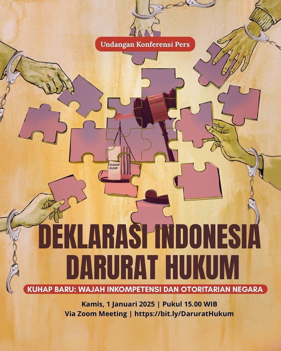 LBH_Jakarta's tweet image. [UNDANGAN KONPERS] DEKLARASI INDONESIA DARURAT HUKUM

KUHAP Baru berlaku 2 Jan 2026. Disahkan bermasalah, melanggar HAM, dan membuka ruang kesewenang-wenangan negara.

📅 Kamis, 1 Jan 2026 | ⏰ 15.00 WIB
📍 Zoom: bit.ly/DaruratHukum