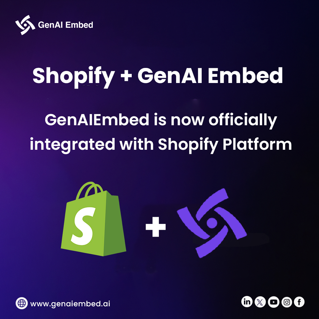 GenaiEmbed's tweet photo. GenAIEmbed is now officially integrated with Shopify.

Connect your Shopify store and add an AI layer for faster product discovery and guided shopping journeys without rebuilding your site.

See it in action: https://t.co/0830KjInHm

#Shopify #Ecommerce #RetailTech https://t.co/icMlFHxhBm