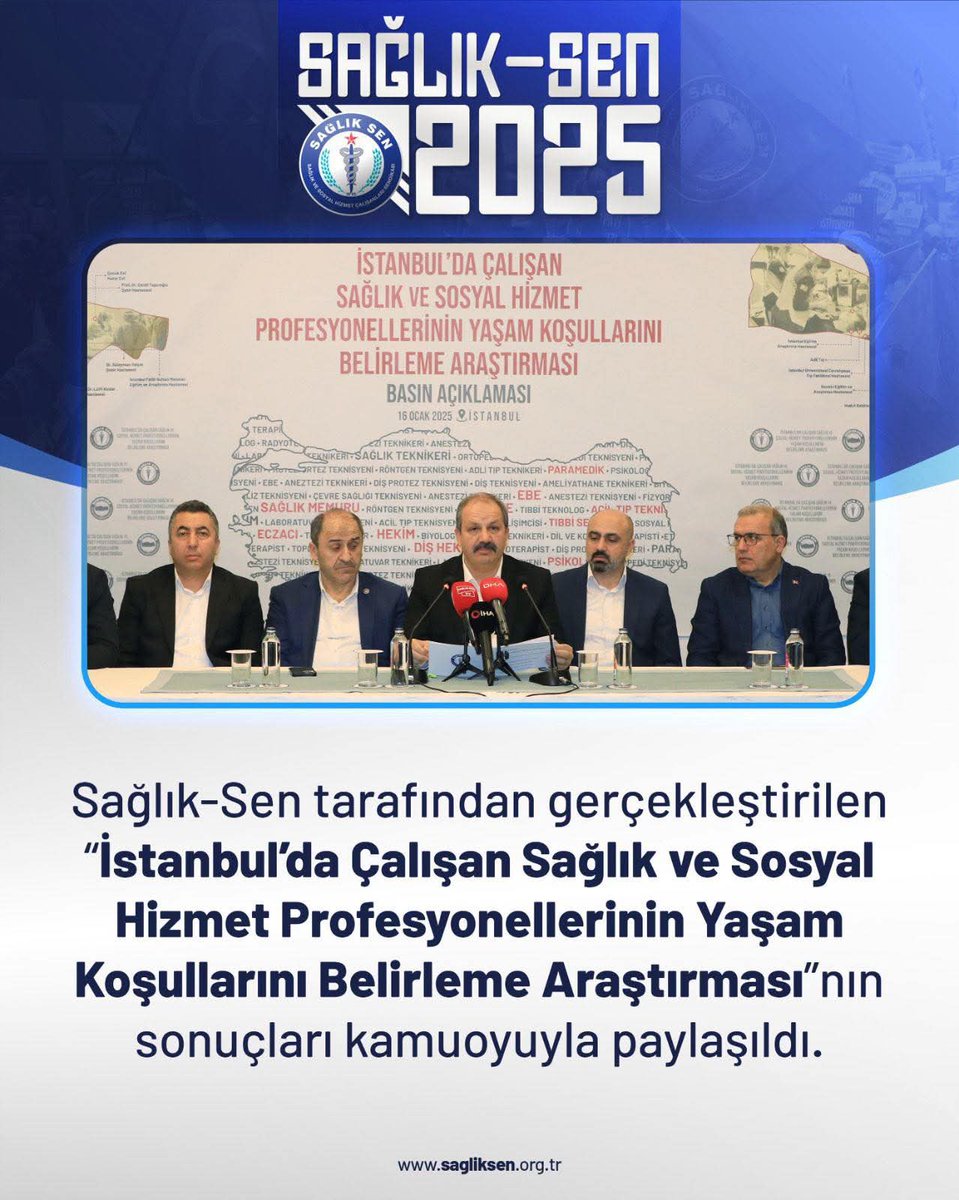 Sağlık-Sen tarafından gerçekleştirilen “İstanbul’da Çalışan Sağlık ve Sosyal Hizmet Profesyonellerinin Yaşam Koşullarını Belirleme Araştırması”nın sonuçları kamuoyuyla paylaşıldı. 
#SağlıkSen2025
#YeniYıl2026
#SağlıkSenDaimaYanınızda