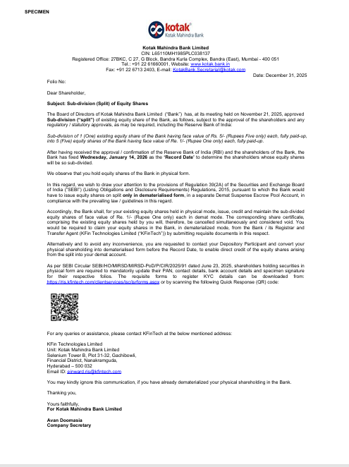 marketsday's tweet image. #Kotak Mahindra Bank has sent communications to shareholders holding shares in physical form regarding the sub-division of equity shares. Each existing equity share of face value ₹5 will be split into 5 shares of face value ₹1. The bank will issue these split shares exclusively