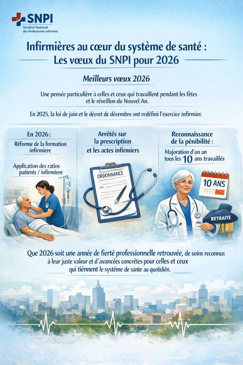 infirmierSNPI's tweet photo. Le #SNPI adresse ses vœux à toutes les #infirmiers et #soignants Une pensée particulière pour ceux qui soignent pendant les fêtes et le réveillon
#ratios #pénibilité réforme #infirmière 2026 doit transformer les textes en réalité pour les #patients et les soignants
https://t.co/D9aBI7zans