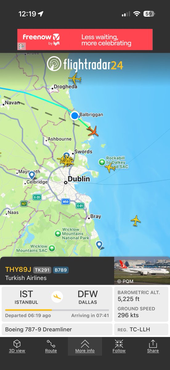 PWD_Dublin's tweet photo. @flightradar24 THY89J just landed in Dublin after turning back over the Atlantic ob route from Istanbul to Dallas https://t.co/K8xW5rnqDG