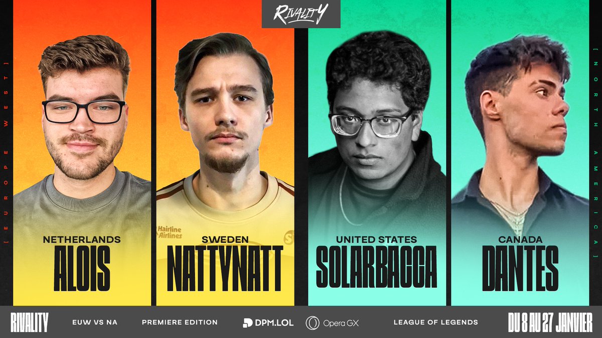 RIVALITY REVEAL #5  

Je souhaite bon courage a mes amis du serveur NA suite à l'annonce de ces deux monstres :

<a href="/AloisNL/">Alois</a> &amp;  <a href="/NattyNattLoL/">NattyNatt</a> représenteront le serveur EUW !   

Et pour leur faire face : <a href="/Solarbacca1/">Solarbacca</a> &amp; <a href="/doaenel/">Dantes</a> 
rejoignent le serveur NA !  

22/40  
-   
RIVALITY