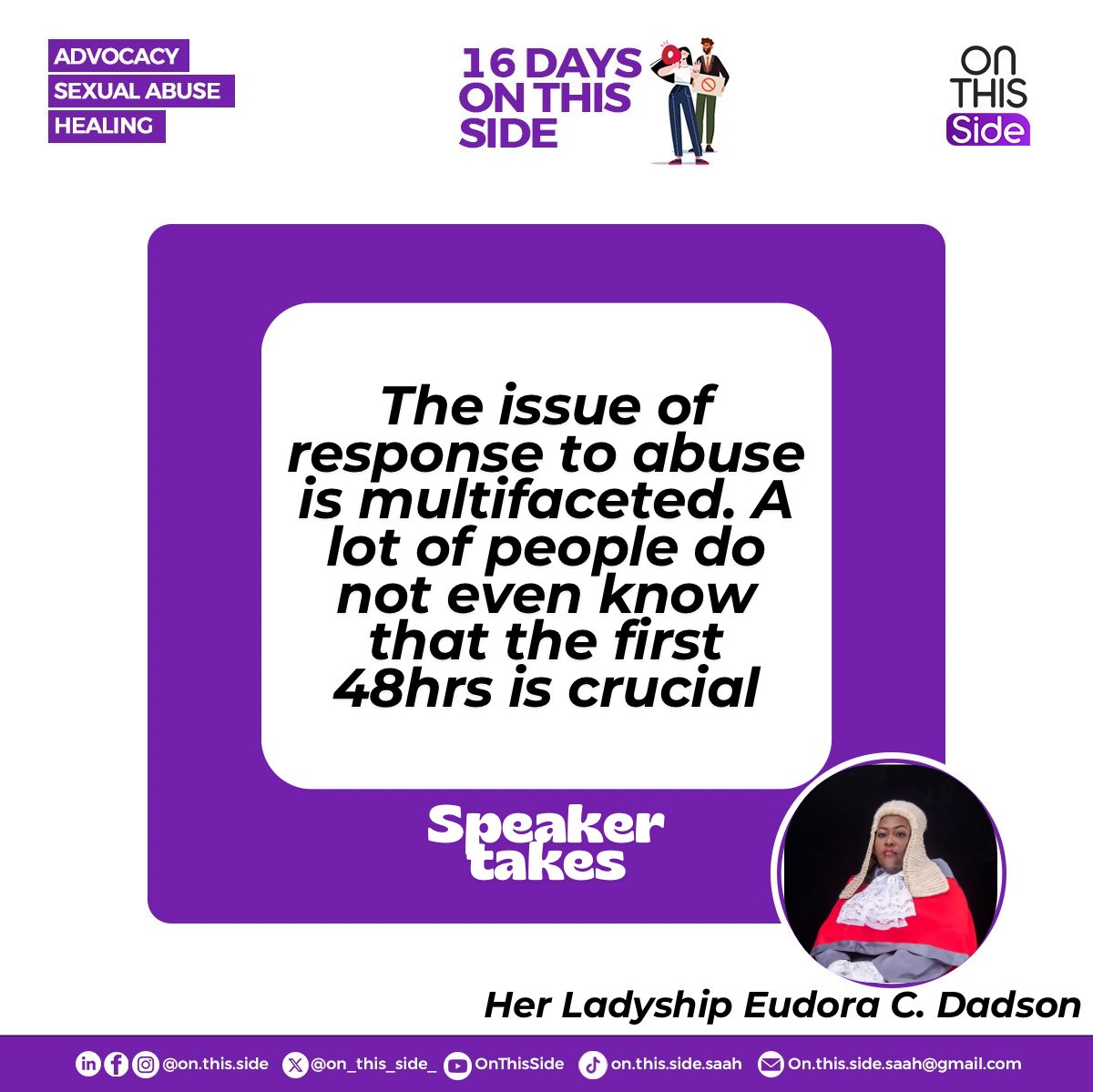 on_this_side_'s tweet photo. These are some powerful remarks by our speaker Her Ladyship Justice Eudora C. Dadson at our 16 days on this side virtual session focusing on the topic “Healing &amp; Justice: Rethinking How we respond to Gender and Sexual V*ol**ce”

#onthisside #onthissidesaah #16daysofactivism #sgbv https://t.co/B26RyX43yE