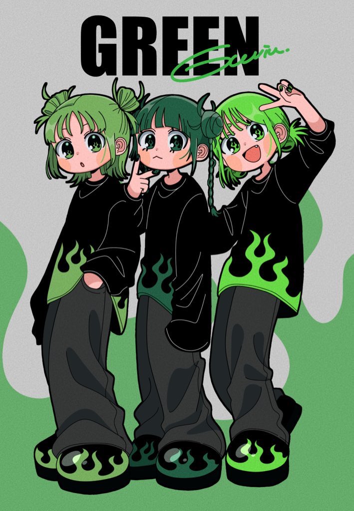 ポップアート 緑色背景 黒いキャラクター 今年の4枚的なやつ◎ 2025年もありがとうございました！来年も楽しく絵