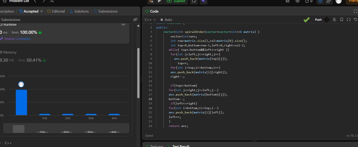 achieve71246717's tweet photo. Solved leetcode question number 54. Spiral Matrix. #30dayscoding #LeetCode #BuildInPublic https://t.co/MbuX4TQe5B