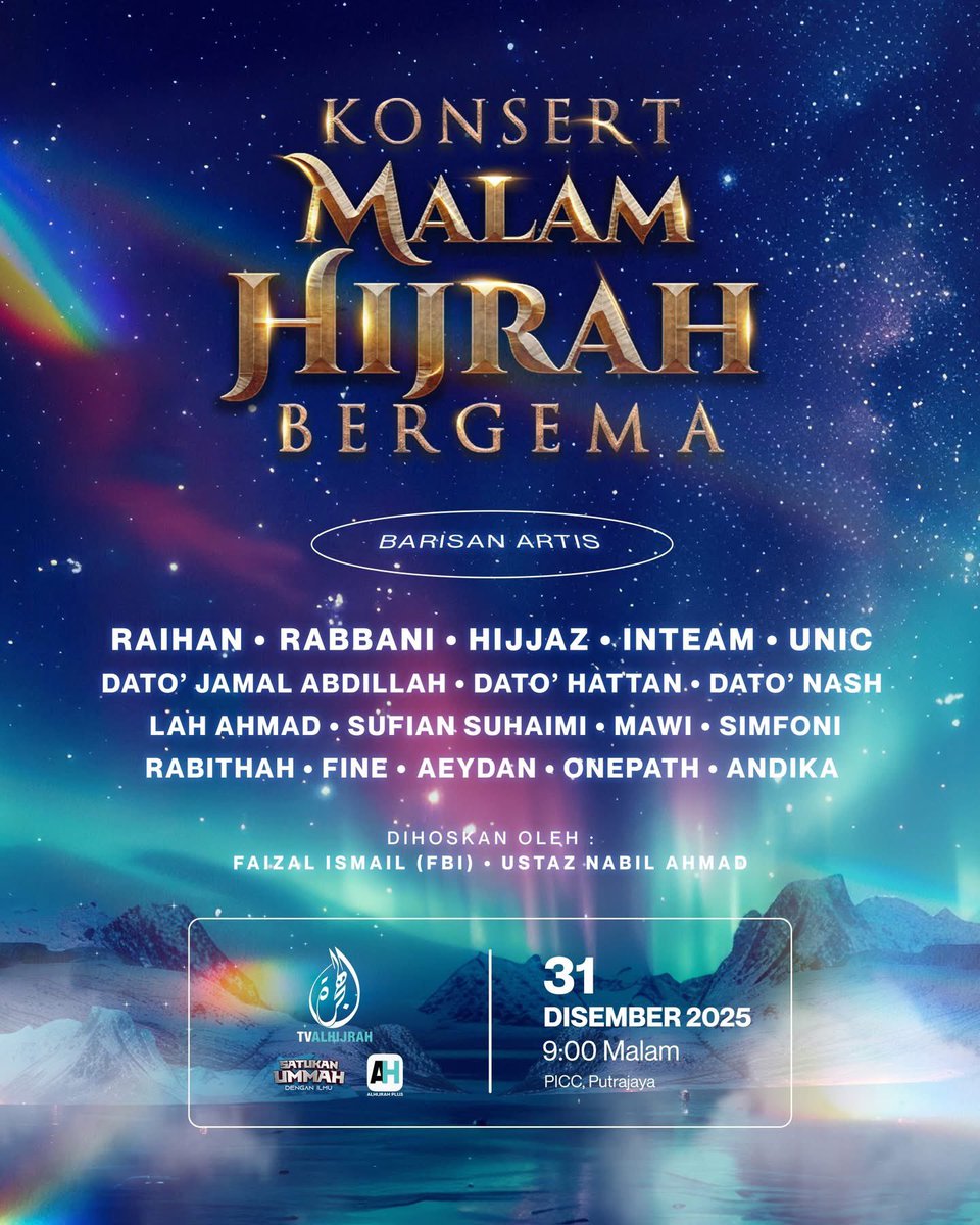 Munsyeed's tweet photo. Thread - Konsert Gema Hijrah akan bergema malam ini di PICC, Putrajaya menampilkan lebih 10 artis ternama tanahair. Boleh ditonton di @TVAlhijrah secara live pada jam 9.00malam. 

#TvAlHijrah #KonsertGemaHijrah https://t.co/h2uBRgY0rr