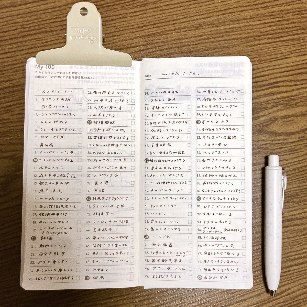 mirorintecho's tweet photo. 2026のウィッシュリスト書き上げました〜よく見ると同じのを2つ書いてあったりしますが…今年はだいぶ細々とした手帳活動でしたが、来年も続けていきたいと思います☺️
#My100 #ほぼ日手帳  #手帳ゆる友 https://t.co/RcpljkMcEm