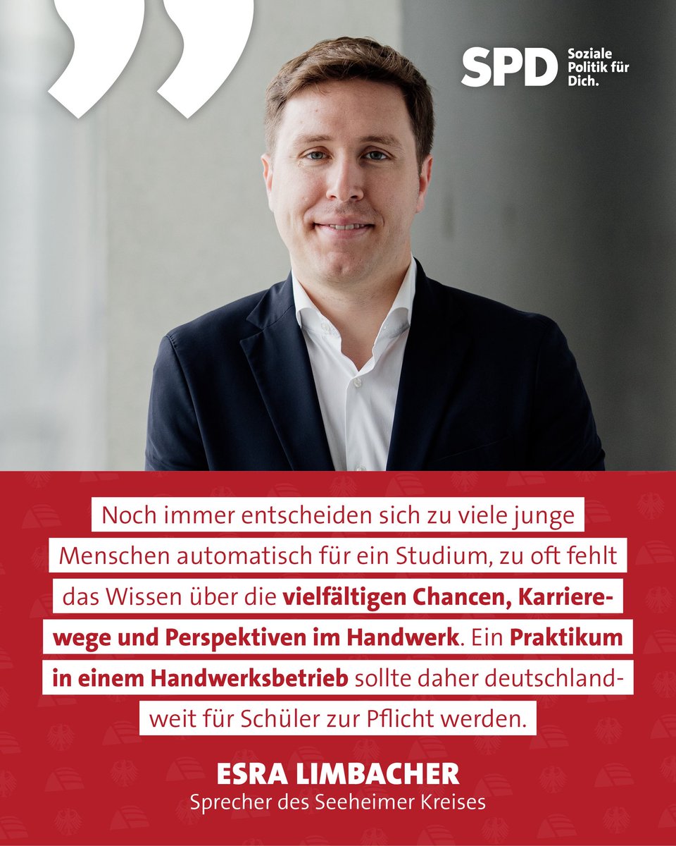 seeheimer's tweet image. Esra Limbacher, Sprecher des Seeheimer Kreises und stellvertretender Fraktionsvorsitzender der SPD-Bundestagsfraktion, betont: „Noch immer entscheiden sich zu viele junge Menschen fast automatisch für ein Studium, ohne die vielfältigen Chancen, Karrierewege und Perspektiven im…